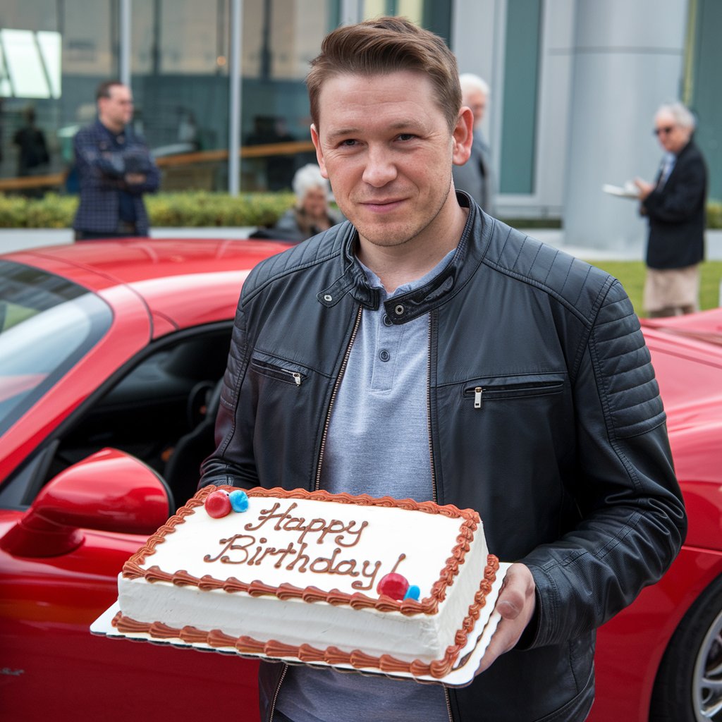 Mu s narozeninovm dortem ped sportovnm automobilem, pn mamince a tatnkovi k narozen miminka, Blahopn k narozen zdravho dtka, narodilo se dt, pnko pro mamku a taku, novorozenec